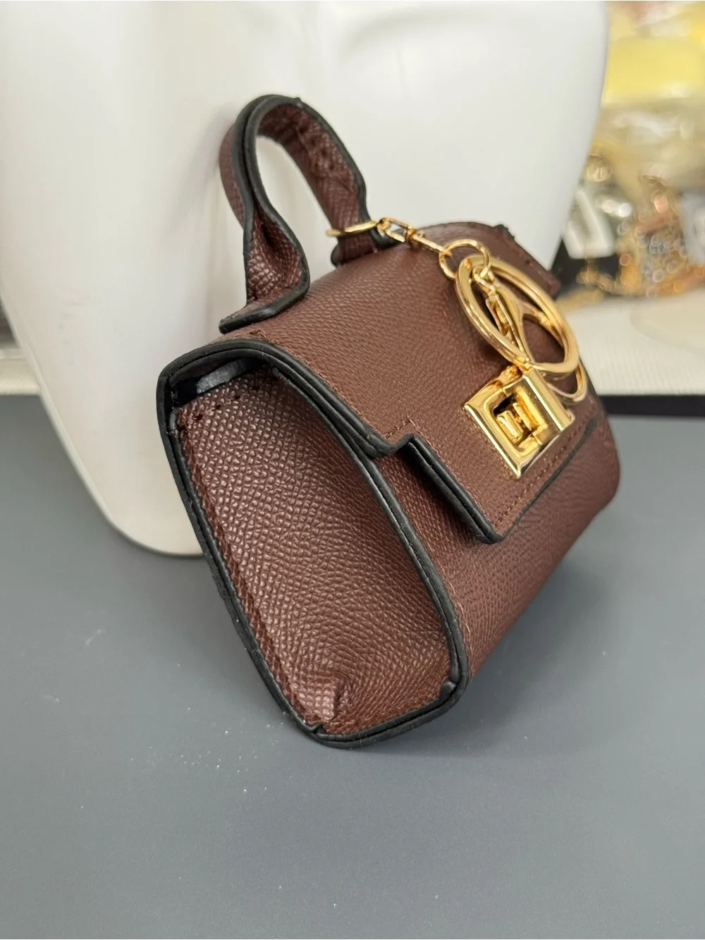 NWOT Mini Micro Satchel Bag Keychain Charm Purse Gold Hardware Keyring Brown